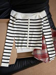 Women's Knit Cardigan Off-Shoulder Long Sleeve Ribbed Ribbed Top Single Breasted Cropped Waist-Baring Slim Fit Base Layer Sweet Cool Sexy Hot Girl Y2K Style Autumn Casual Street Date Inner Wear - Black and White - View 7