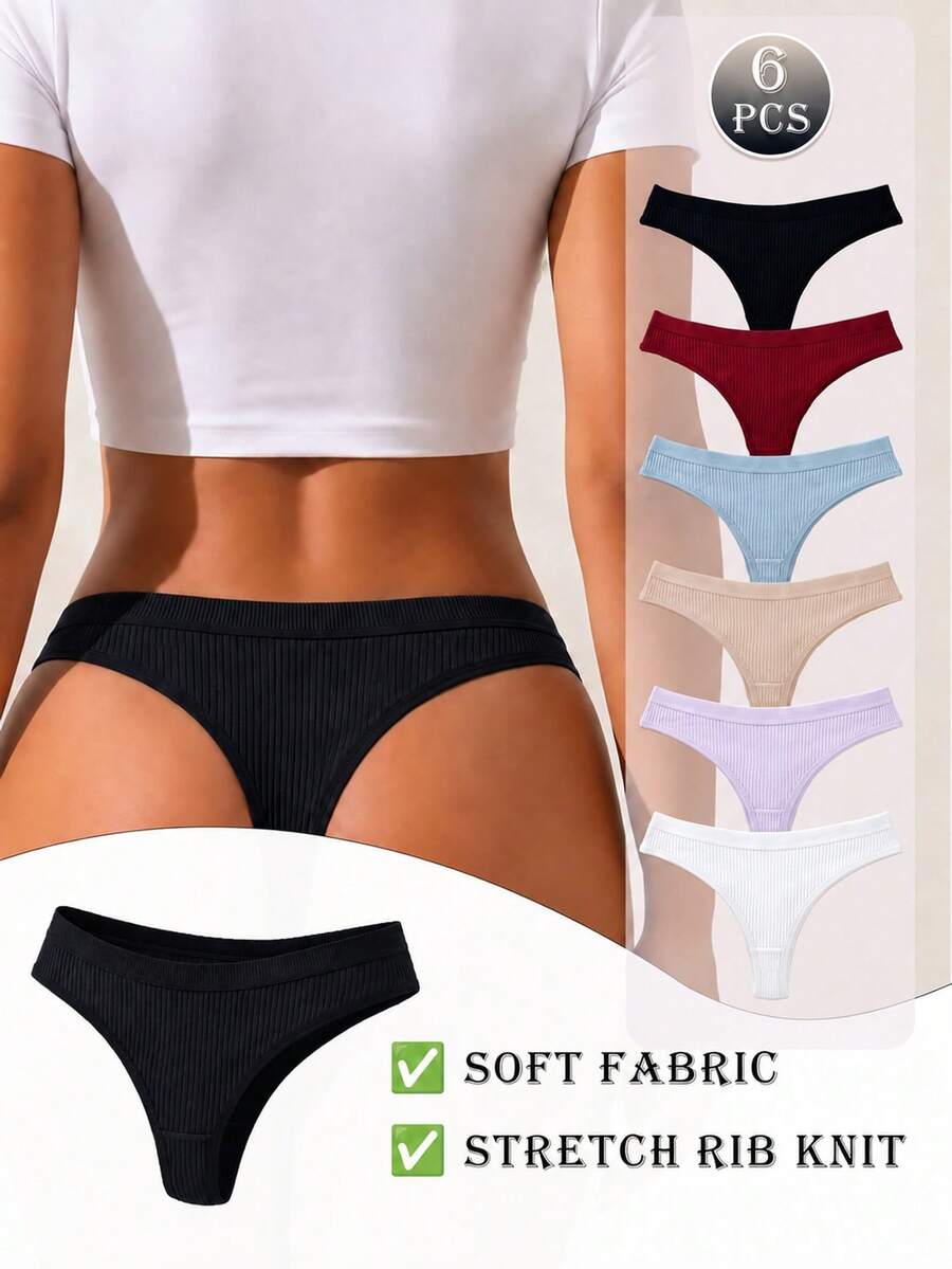6pcs/Set Ribbed Comfortable G-String T-Back Thong Seamless Panties, Sexy Comfortable Triangle Underwear, Everyday Wear