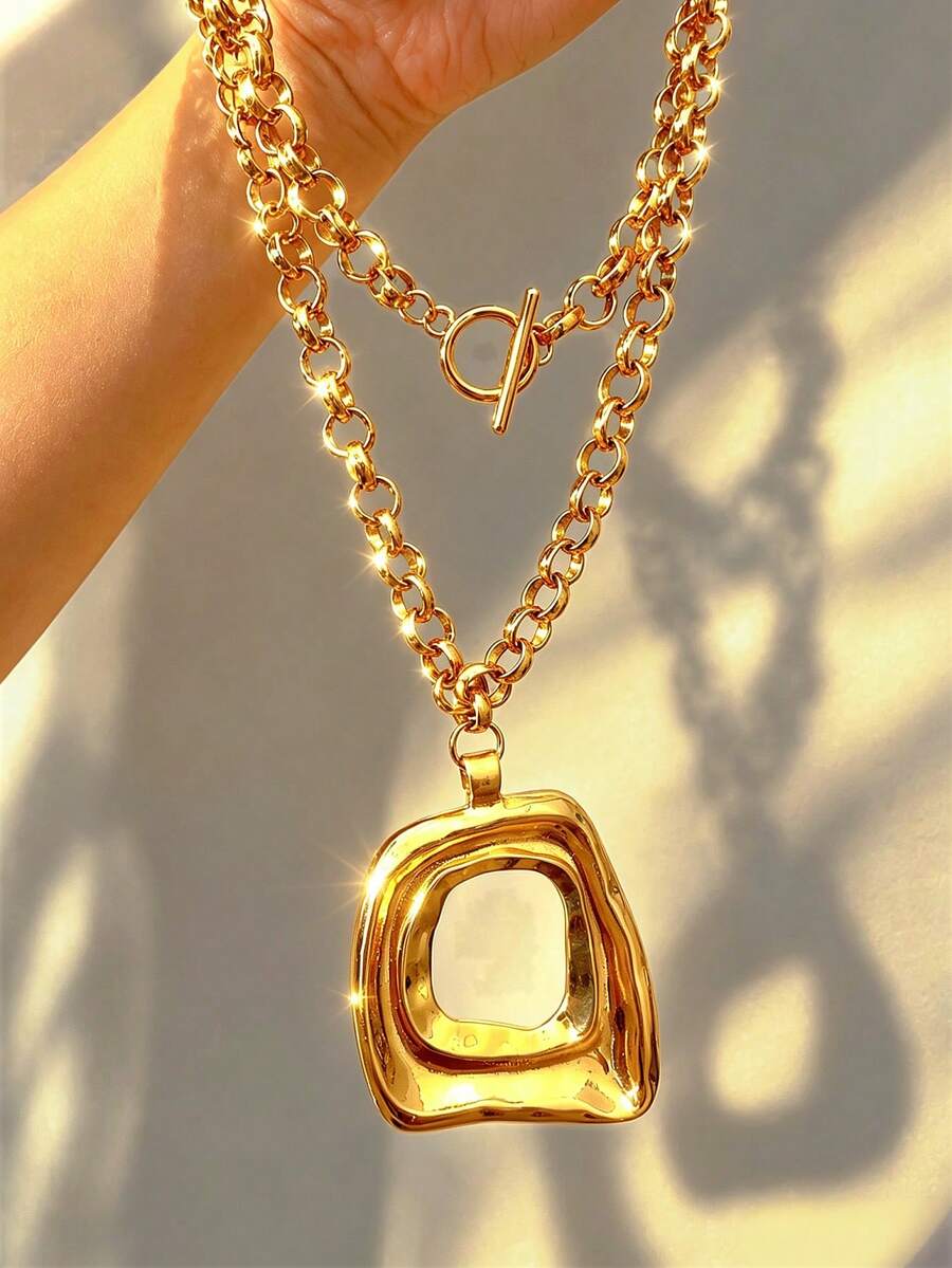 1pc Vintage French Elegant Fashion Hip Hop Street Old Money Style Exaggerated Thick Chunky Chain Square Water Drop Large Pendant OT Clasp Tassel Long Gold Color Necklace Set Personalized Unique Y2K Multi-Piece Layered Y-Shaped Collarbone Sweater Chain Suitable For Men & Women Vacation Party Evening Dinner Music Festival Date Gift Daily Wear All Season Versatile Jewelry - Yellow Gold - View 1