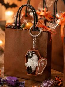 1pc Halloween Mummy In Coffin Keychain Cute Spooky Bat Web Pendant Bag Charm Gift For Party Favors - Multicolor - View 1