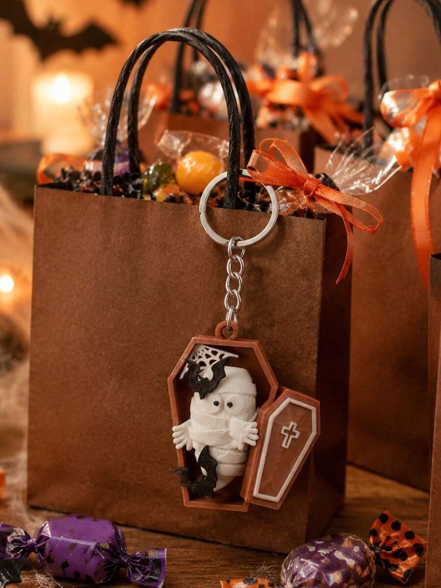 1pc Halloween Mummy In Coffin Keychain Cute Spooky Bat Web Pendant Bag Charm Gift For Party Favors - Multicolor - View 1