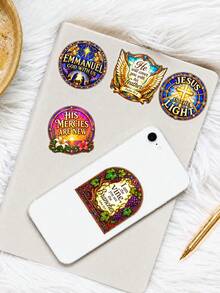 50Pcs Stained Glass Bible Verse Inspirational Stickers, Retro Stained Glass Religious Inspirational Style, Including Colorful Stained Glass, Bible Verses, Crosses, Hearts, Mountain Elements, For Journal Collage, Water Bottle, Tablet, DIY Craft Decor - Multicolor - View 8
