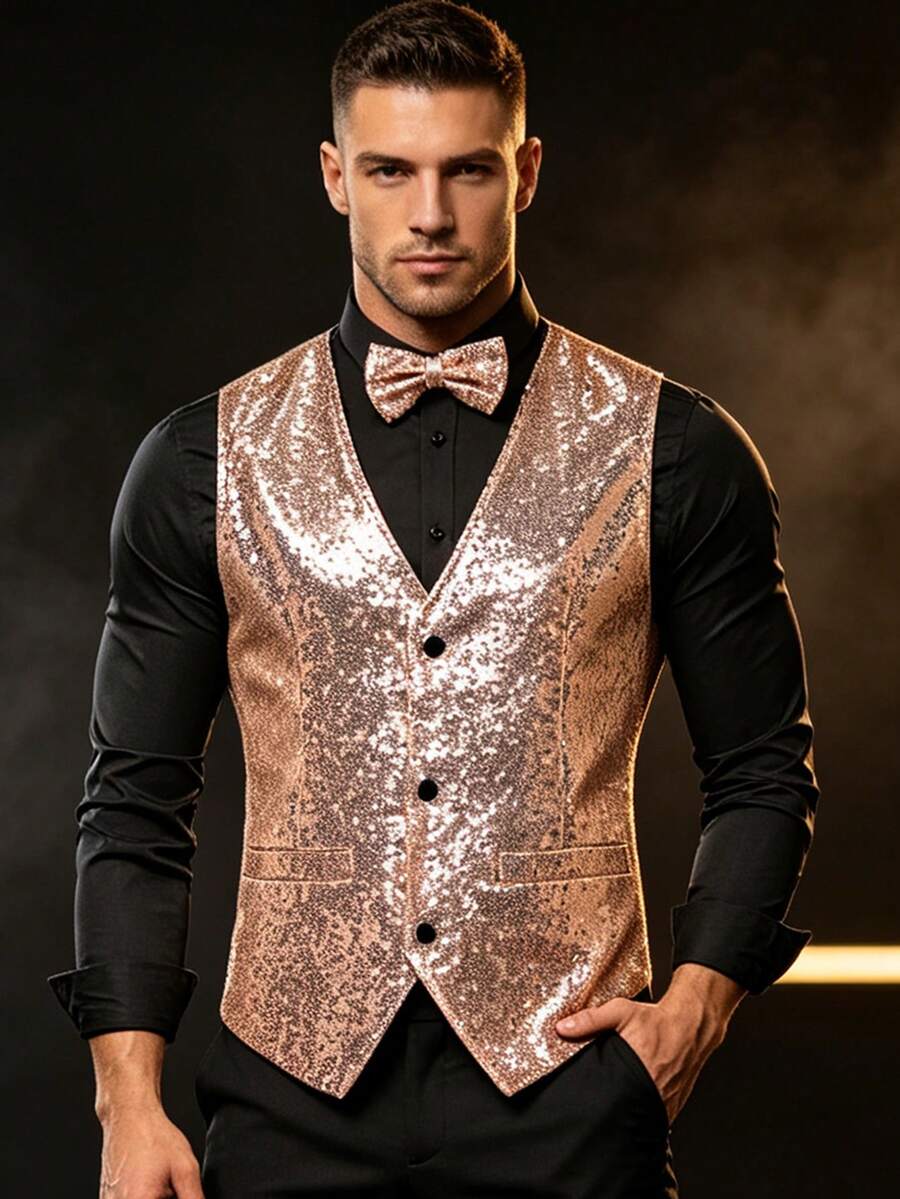 Men's Stage Performance Vest With Small Sequins, Suitable For Photo Studio, Host, Singer, MC - Champagne - View 1