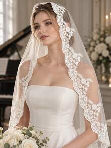 Elegant Bohemian Lace Bridal Veil With Long Train, Built-In Metal Comb, Suitable For Vienna Cathedral And Church Weddings - Multicolor - View 3
