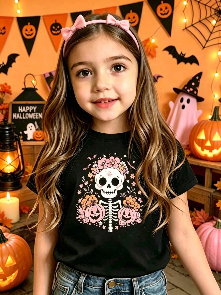 Camiseta negra niña, esqueleto tierno con flores y calabazas, estampado Halloween - Negro - Ver 1