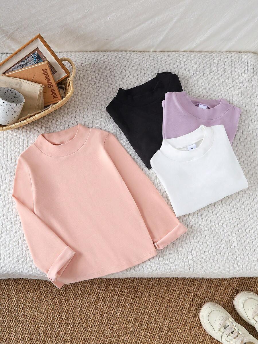 Girls' Semi-High Neck 4-Color Base Layer Top, Fitted Slightly Loose Straight Cut, Long Sleeve Cuffed Hem, Basic Style Suitable For All Outerwear, Unisex For Tween Girl In Autumn/Winter - White - View 1