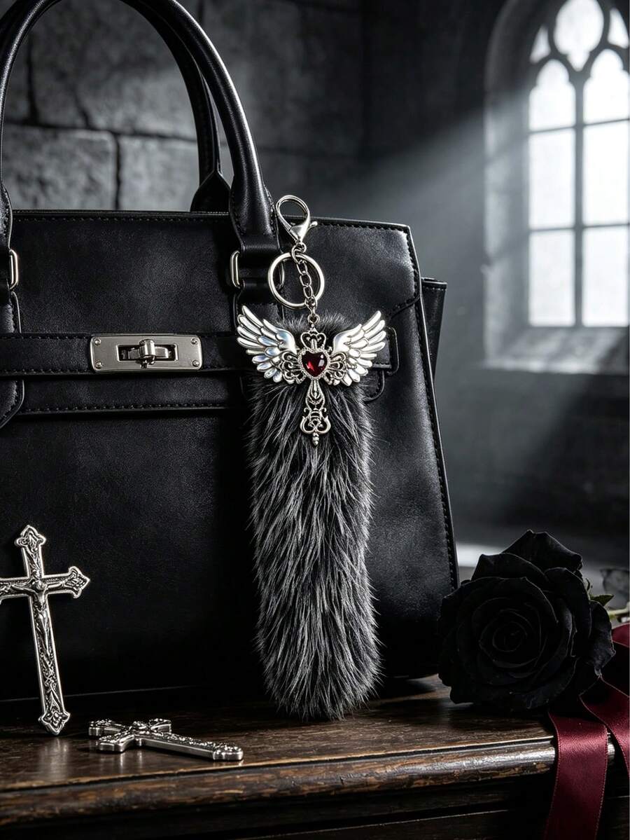 1pc Y2K Style Heart Cross Animal Tail Bag Charm, Suitable For Bag Decoration, Keychain Chain, Clothing Accessory - Multicolor - View 1