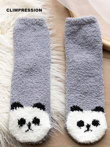 CLIMPRESSION Women's Plush Mid-Calf Socks, Cute Bear Toe Pattern Coral Fleece Socks, Soft Warm Fluffy Winter Home Sleep Floor Socks - Green - View 9