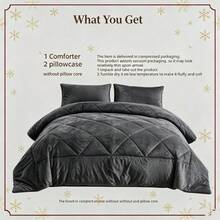 3Pcs Velvet Grid Quilted Comforter Set, Soft Warm Bedding Set With 2 Pillowcases, Pillow Insert Not Included, Vacuum Packed For Bedroom Guest Room - Dark Grey - View 3
