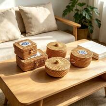 5.51" Diameter X 2.95" Height Handmade Woven Rattan Storage Box, Desktop Organizer - View 5