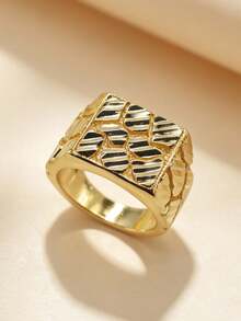 One Hip-Hop Heavy-Duty Style Alloy Gold-Plated Square Textured Wide Ring For Men, Suitable For Streetwear, Qixi Festival Gift, Party Accessories, Christmas, Thanksgiving. - Gold - View 1