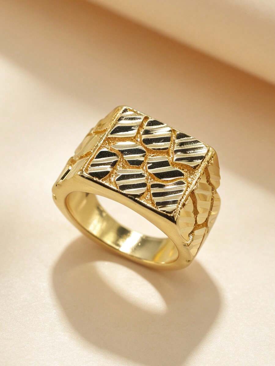 One Hip-Hop Heavy-Duty Style Alloy Gold-Plated Square Textured Wide Ring For Men, Suitable For Streetwear, Qixi Festival Gift, Party Accessories, Christmas, Thanksgiving. - Gold - View 1