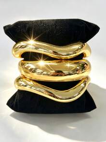 3pcs/1pc Vintage Exaggerated Glamorous Women's Gold Round And Wavy CCB Open Bangle Bracelet Set, Suitable For Daily Wear, Party, Vacation, Date, Wedding, Festival, Gift, Stackable - Gold - View 7