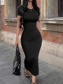 GLAMSKIN Women's Round Neck Short Sleeve Ruched Fitted Dress, Elegant Brown Bodycon Dress, Suitable For Autumn Daily, Back To School, Casual Street Style - Black - View 6