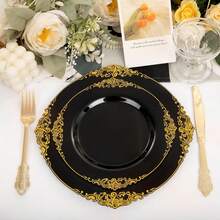 20pcs Black Carved Plates With Gold Rim, Exquisite Plates Suitable For Birthday Party, Family Gathering, Etc., Washable And Reusable - View 1
