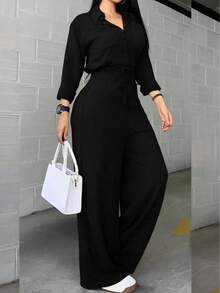 Women's Fashion Luxury Black Jumpsuit, Side Rivet Trim And Strap Details, Woven Fabric, Non-Stretch, Suitable For Casual Wear - Black - View 1
