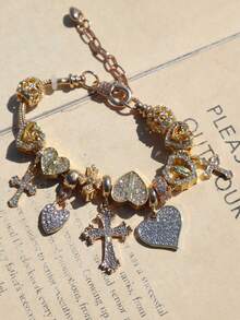 1pc Heart Cross Charm Bracelet, Heart Rhinestone Cross DIY Bracelet, Virgin Mary Cross Heart Bracelet - Gold - View 6