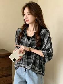 YCYC 女款春夏新款短版襯衫與細肩帶背心兩件套，寬鬆防曬上衣，格紋薄款半透雪紡 - 黑色 - 查看 5