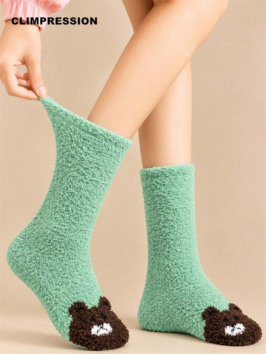 CLIMPRESSION Women's Plush Mid-Calf Socks, Cute Bear Toe Pattern Coral Fleece Socks, Soft Warm Fluffy Winter Home Sleep Floor Socks - Green - View 1