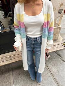 Just Masa Women's Fall Casual Colorblock Simple Basic Sweater Cardigan With Pockets,Long Sleeve Loose Rib-Knit Long Coat,For Daily Wear,Going Out - White - View 3