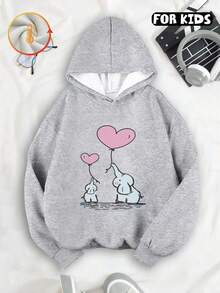 Tween Girl Hooded Sweatshirt, Mommy And Baby Elephant With Heart Balloons Graphic Print Thick Fleece Lined Pullover For Tween Girl - Flower Gray - View 7