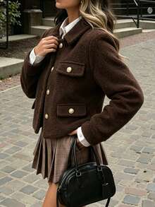 Women's Fashion Brown Woven Fabric Long Sleeve Lapel Formal Style Jacket, Gold Buttons, Suitable For Autumn/Winter Wear - Mocha Brown - View 3
