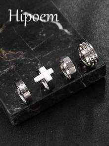 Hipoem 4pcs Fashion Stainless Steel Men's Ring Set With Cross & Round Bead Rotating Elements, Suitable For Daily Wear & Halloween Atmosphere Accessories - Silver - View 6
