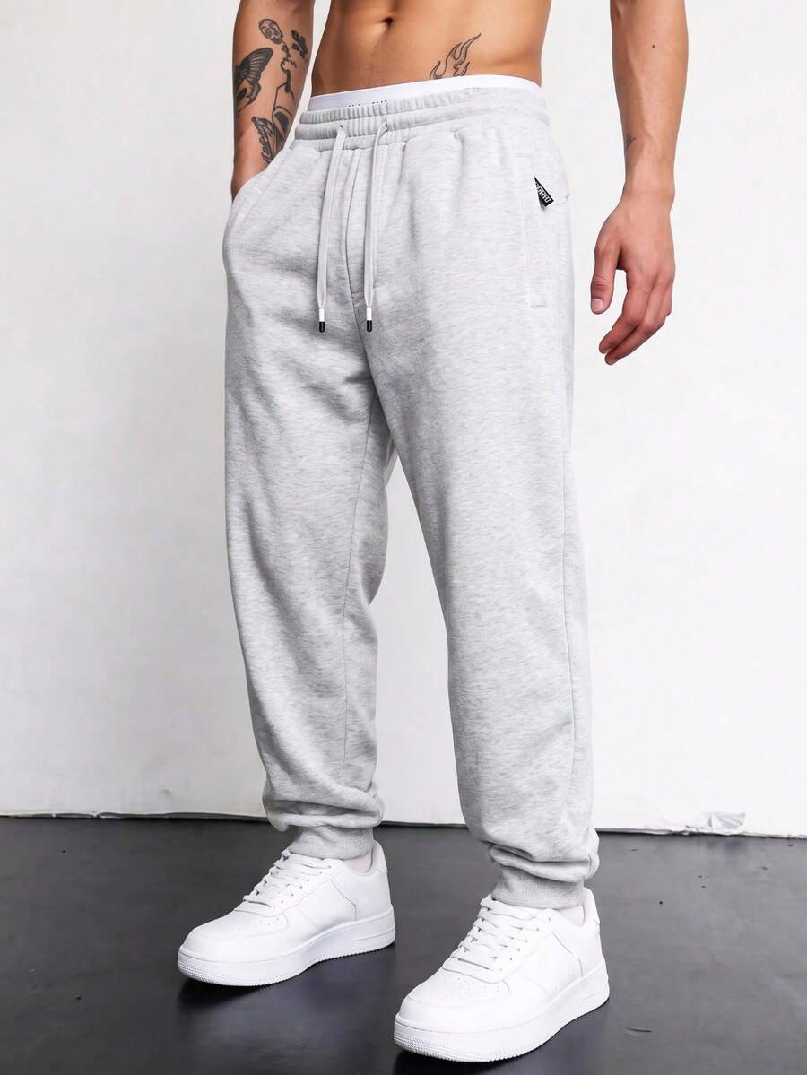 Blueprint Man 1pc Men's Light Gray Jogger Sweatpants, Elastic Drawstring Waist Adjustable For Different Waist Sizes, Soft Knit Fabric, Comfortable And Skin-Friendly, Casual Minimalist Style, Suitable For Daily Wear And Commuting, Men's Long Pants - Light Grey - View 1