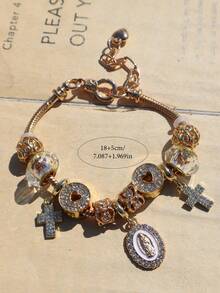 1pc Religious Cross Heart Charm Bracelet, Cross Heart Bracelet, Religious Virgin Mary Heart Bracelet - Gold - View 3