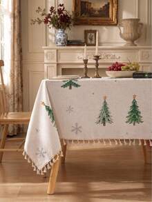 1pc Christmas Winter Minimalist Christmas Tree & Snowflake Pattern Polyester Cotton Lace Tablecloth, Stain-Resistant With Tassel Fringe, Suitable For Square/Round Tables, Kitchen, Dining Table, Coffee Table, TV Cabinet, Entryway, Party Holiday Decoration, Home Decor, Christmas Gathering - Multicolor - View 5