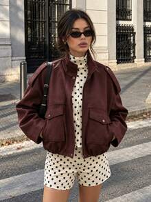 Women Pocket Loose Jacket Fall For Women Stand Collar Long Sleeve Coat Female Outerwear Chic Top - Burgundy - View 3