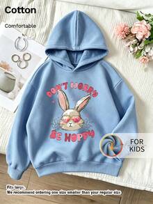 Kids Hooded Sweatshirt, Cute Rabbit With Heart Don't Worry Be Hoppy Letter Graphic Print Thick Fleece Lined Pullover For Kids - Blue - View 9