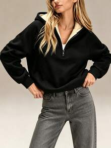 Women's Half-Zip Hooded Sweatshirt, Loose Long Sleeve Casual Pullover Sweatshirt, Everyday Hooded Top - Black - View 6