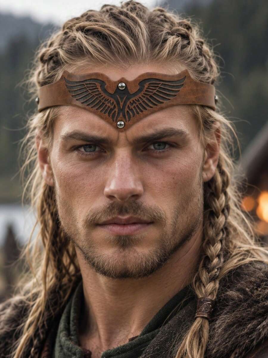 1pc Embossed Wing Leather Headband, Brown V-Shaped Warrior Forehead Band Unisex, Adjustable Viking Medieval Renaissance Halloween Cosplay Costume Hair Accessory - Multicolor - View 1