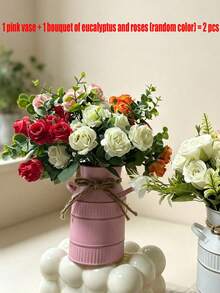 Jarra de leche de metal rosa para centro de mesa de fiesta, viene con lazo de arpillera, cubeta de flores de estilo rústico en miniatura, adecuado para decoración de mesa de boda, cumpleaños y mesa de postres, centro de mesa de boda, jarrón de jarra de leche rústico, centro de mesa de fiesta en miniatura - Rosa - Ver 14