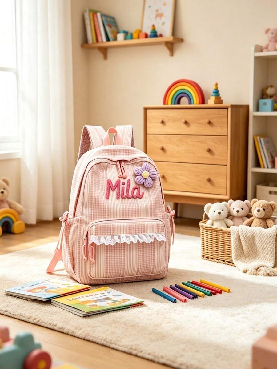 1pc Personalized Striped Lace Backpack, Lightweight Large Capacity Daily Use Bag, Customized Embroidered Name, Suitable For School, Commuting And Travel, Birthday And Christmas Gift - Multicolor - View 1