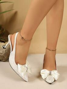 Spring/Summer New Elegant White Women's Pointed Toe Slingback Pumps With Rhinestone Bow, High Heel Sandals For Wedding, Banquet And Versatile Occasions - White - View 4