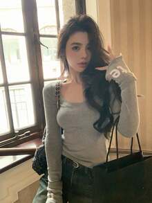 Women's Autumn Round Neck Long Sleeve Slim Fit Letter Print T-Shirt - Grey - View 6