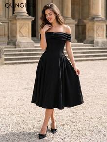 Women Off Shoulder Midi Dress Flared Hem Elegant Fall Apparel For Cocktail Party Evening Outfits - Black - View 5