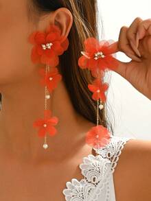 1 Pair Fabric Flower Faux Pearl Long Earrings Suitable For Daily Wear (Bead Color Random) - Orange Red E1677 - View 2