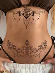 2pcs Waterproof Temporary Tattoo Stickers, Chest To Thigh Body Art Temporary Tattoo Stickers For Women, Black Floral Jewelry Lace Totem Style Patterns With Moon Butterfly Rose Chain Designs, Lasts 3-5 Days, Easy To Apply And Remove, Disposable Tattoo Stickers - Black - View 2