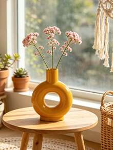 Donut-Shaped Hollow Resin Vase, Vintage Bohemian Abstract Sculpture, Dried Flower Desktop Decor, Living Room Windowsill Decoration, Housewarming Gift - Yellow - View 8