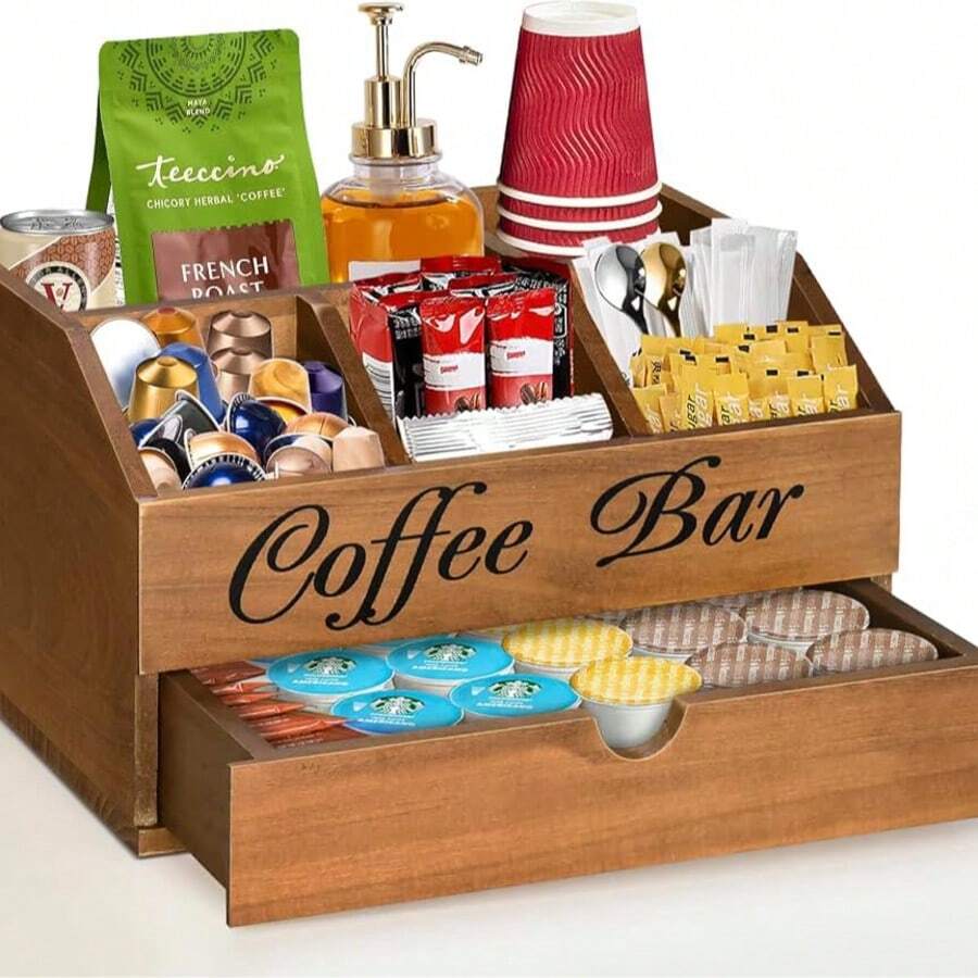 Caja de almacenamiento de madera para barra de café, organizador de rincón de café para encimera, estante de almacenamiento de accesorios de café con múltiples compartimentos, para cápsulas de café, bolsas de té, vasos de papel, pajitas - Color caoba - Ver 1