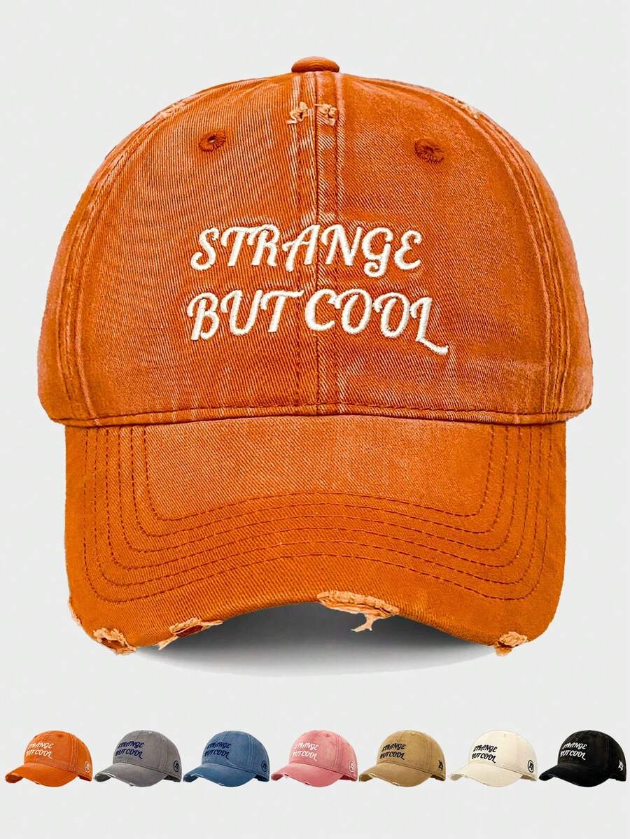 1pc Strange But Cool Letter Embroidered Baseball Cap, Unisex Couple Matching, Distressed Ripped Soft Top Hat, Wide Brim Baseball Cap For Large Face, Versatile Deep Crown Curved Brim Hat - Multicolor - View 1