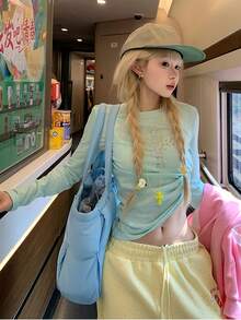 Women's Light Blue Knitted Long Sleeve Top, Round Neck Design, Unique Front Detail, Suitable For Daily Wear Summer - Mint Green - View 9