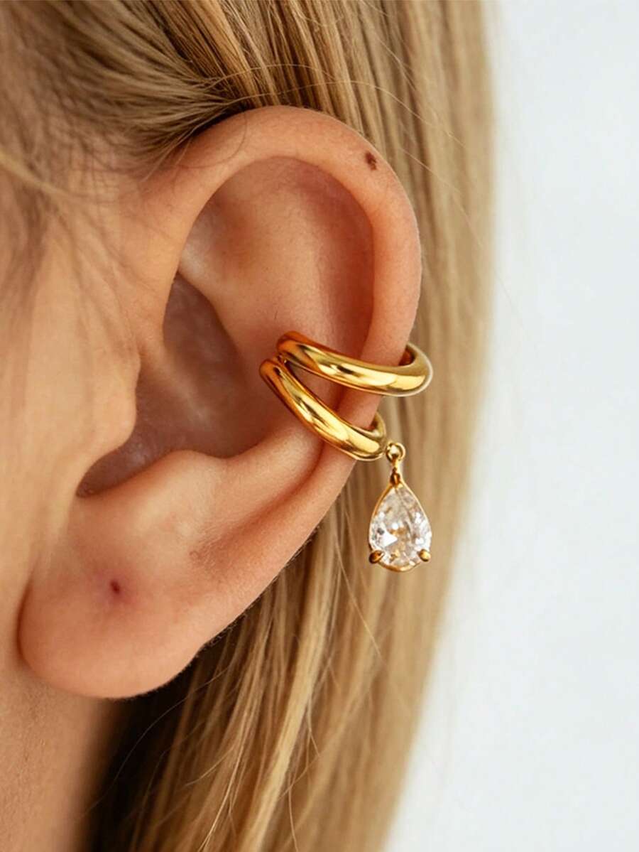 1pc Autumn Vintage Tassel Stainless Steel Earrings Ear Clips, Decorated With Cubic Zirconia, Bohemian Style, Suitable For Beach Vacation Wear, Perfect For Parties And Daily Commute, Great Gift Choice - Multi-color 4 - View 1