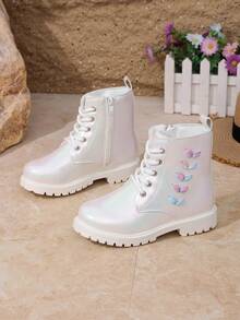 Girls' Colorful Pearlescent Boots, Autumn/Winter Thermal Lined Cute Embroidered Leaf Side Zipper Non-Slip Princess Ankle Boots - Beige - View 3