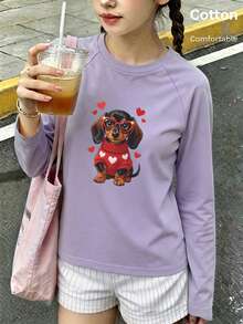 Girls Cotton Raglan Long Sleeve T-Shirt, Spring Wear, Red Heart Glasses Dachshund & Hearts Print, Cute Sweet Girly Preppy Style - Light Purple - View 2