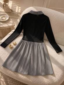 Girls' French Elegant Style Patchwork Dress With Striped Shirt Collar, Ribbed Knit Top And Cinched Waist - Black - View 4