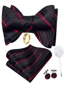 5Pcs Men Red Stripe Paisley Jacquard Hand-Tied Bow Tie Pocket Square Cufflinks Ring Boutonniere Set, Cufflinks Pattern Random For Wedding - Red - View 1